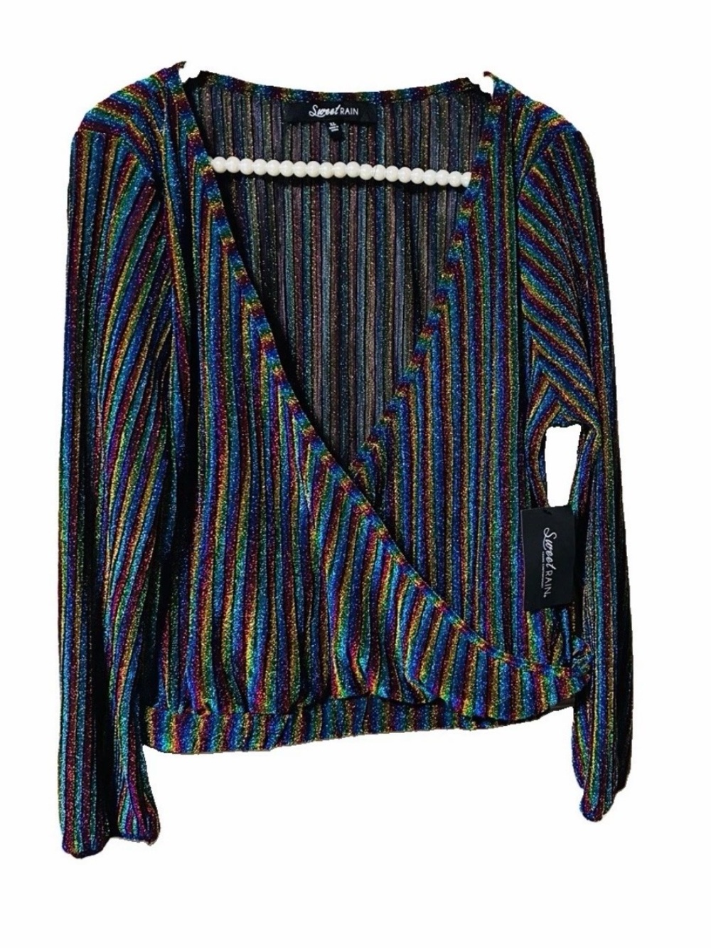 Sweet Rain Ladies  Top rainbow Shimmery Glittery Long Sleeve With Deep V Neck Xl